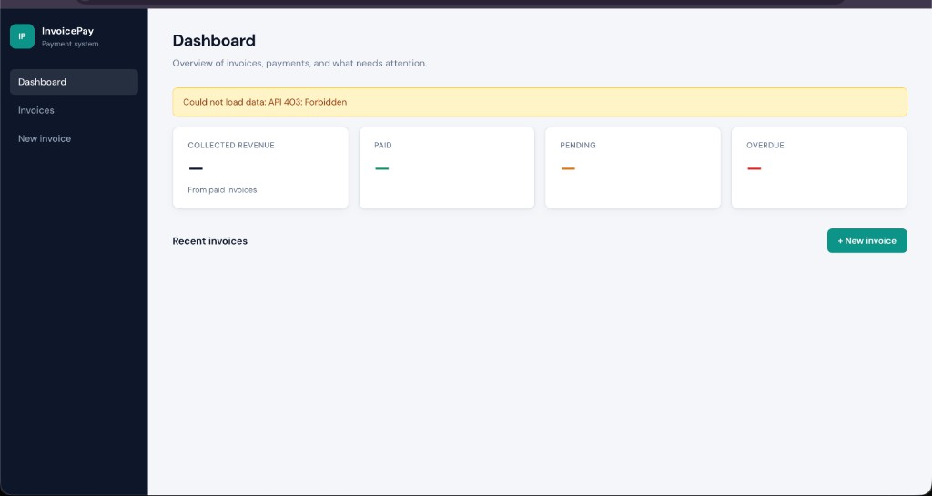InvoicePay dashboard with revenue stats and recent invoices